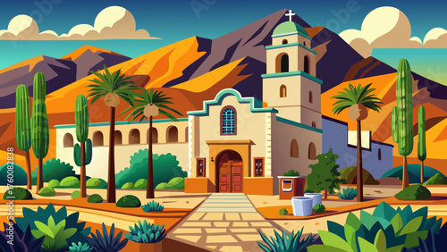 Very beautiful San Xavier del Bac Catholic Mission Church in Tucson, Arizona, USA — a historic Spanish colonial architectural masterpiece with white stucco walls shining under the desert sun.