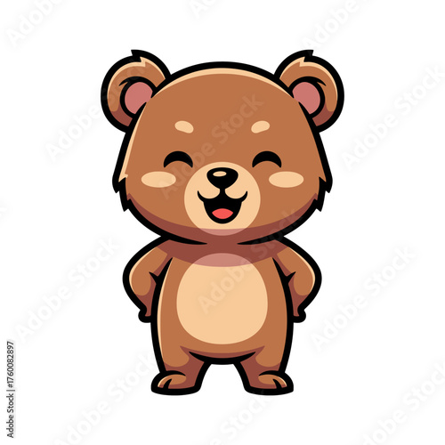 Cute brown bear cartoon standing proudly with happy expression, pink cheeks, thick outlines, bright colors, simple vector style on white background.