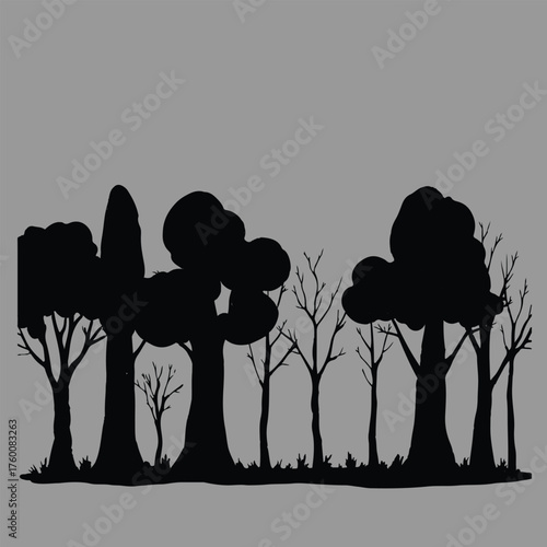 Silhouette Forest Scene with Leafless and Foliage Trees on Grey Background