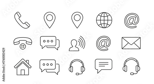 A collection of outline icons representing various contact and communication methods, including phone, location, internet, email, chat, voice, and home.