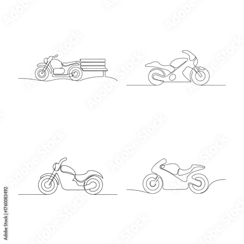 Continuous line drawings motorcycles a sidecar Single line motorbike scooter
