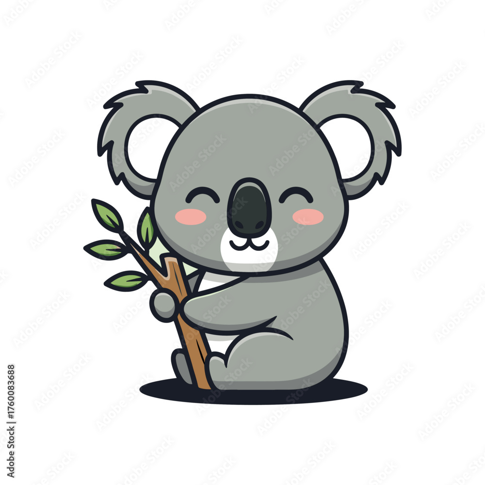 Fototapeta premium Cute cartoon koala sitting and hugging a small tree branch with green leaves, gray fur, big fluffy ears, black nose, smiling face, pink cheeks, white background.