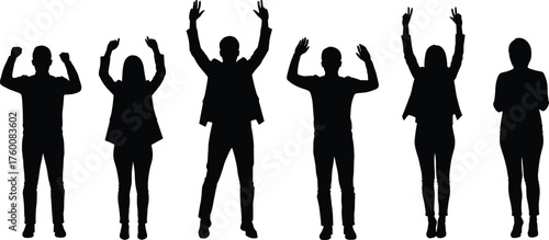 People raising arms in varied poses silhouette cartoon illustration, symbolic expression and gesture artwork for lifestyle and event design