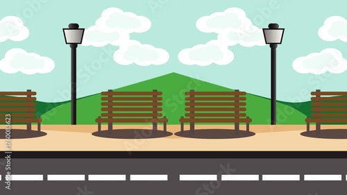 2d Park loopable animation with benches, glowing streetlights, trees, and a road under a bright blue sky. Ideal for game scenes, motion graphics, and animated backgrounds.