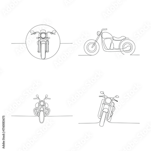 Continuous line drawings motorcycles in different perspectives Single line bike vehicle