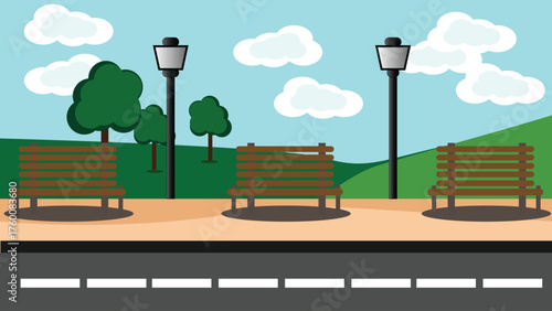 2D park landscape vector with benches, streetlights, trees, and road under a blue sky. Perfect for web design, posters, games, and city park illustrations.
