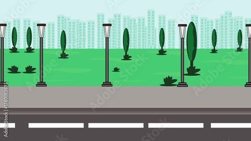 2D city street loop animation featuring road, park, trees, and skyline with smooth movement. Perfect for game scenes, animated intros, and motion backgrounds.
