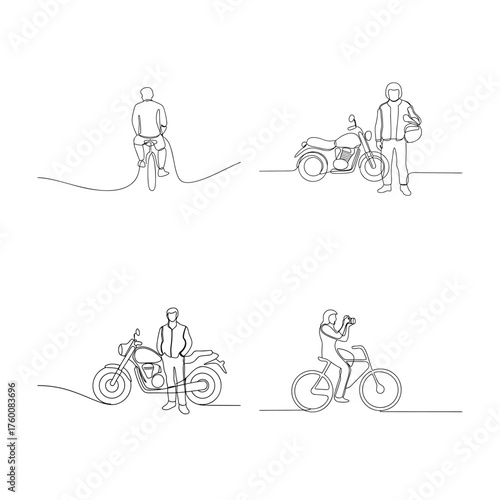 Single line drawings people with bicycles motorcycles sketch