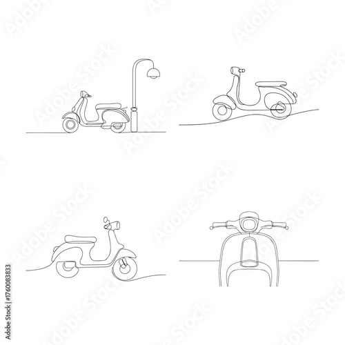 Continuous line drawings scooters a lamppost Single line moped vintage