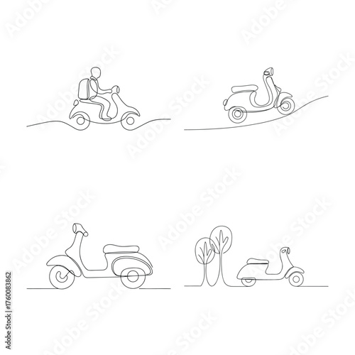 Continuous line drawings scooters one person riding a scooter Single line moped vehicle