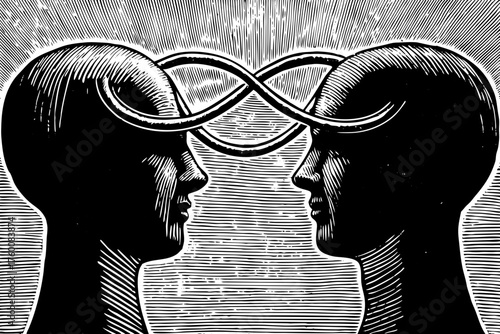 Two abstract human profiles connected black and white by a single flowing line, representing thought flow