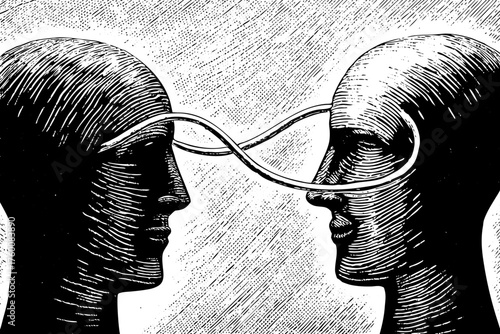 Two abstract human profiles connected black and white by a single flowing line, representing thought flow