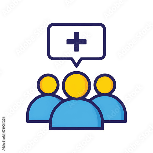Illustration of a group of people with a plus sign speech bubble