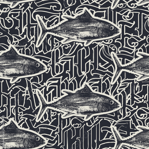 Vector seamless pattern with tuna on the background of gothic font. Print, fabric, textile. Wallpaper, wrapping paper, tile, t-shirt design. No Ai