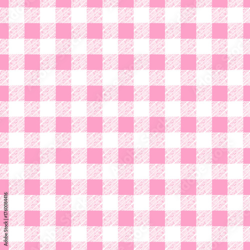 Gingham pattern in pink and white colour. This pattern consists of alternating small squares, creating a visual texture often used for fabrics, tablecloths, or backdrops.