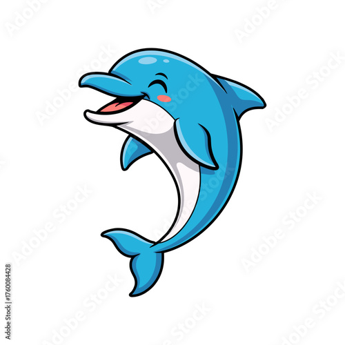 Cute cartoon dolphin with blue top and white belly, smiling with closed eyes and blushing cheeks, simple friendly style, perfect for kids or icons.