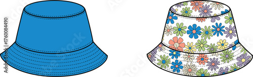 Bucket hat design comparison, solid blue and floral pattern, fashion accessories, vector illustration, stitched brim