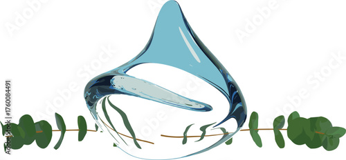 Abstract water droplet with eucalyptus leaves, blue tones, nature blend, purity theme, vector design, minimal style