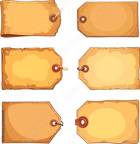 Set of vintage parchment tags, old paper labels collection with burnt edges and textured surface, perfect for retro design and craft projects on a white background