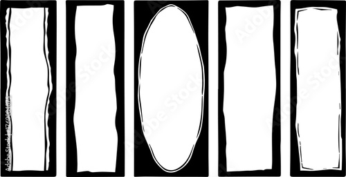 Set of five abstract vertical brush stroke frames and an oval shape on a black background