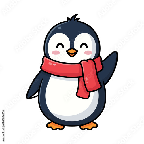 Cute cartoon penguin smiling with eyes closed, black and white body, orange beak and feet, red scarf, blushing cheeks, waving wing, white background.