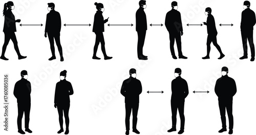 People wearing masks and social distancing silhouette cartoon illustration, symbolic safety and expressive gesture artwork for public health design