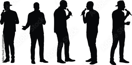 Person speaking or singing with microphone silhouette cartoon illustration, symbolic expression and gesture artwork for performance and lifestyle design