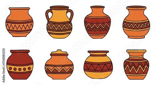 set of african clay pot outline icons vector full color
