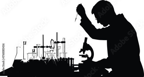 Scientist working in laboratory silhouette cartoon illustration, symbolic research and expressive gesture artwork for science and education design