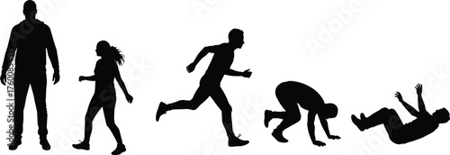 Sequential human motion silhouette cartoon illustration, symbolic transformation and expressive gesture artwork for lifestyle and movement design