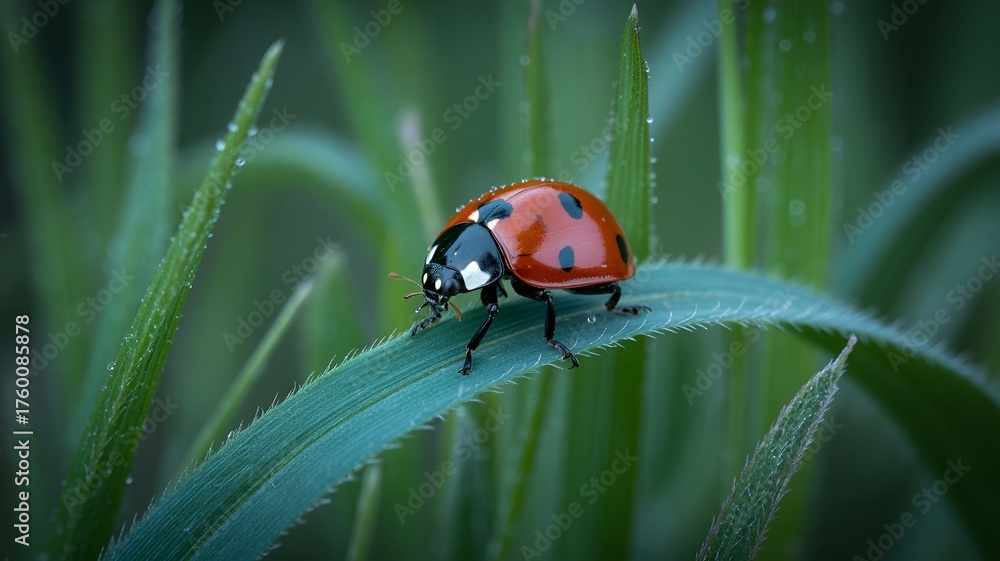 Obraz premium A captivating close-up of a ladybug perched on a vibrant green leaf, highlighting the beauty of nature.