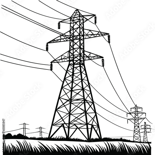 Electrical substation silhouette, power transmission towers, transformers, high voltage lines, electric grid infrastructure, electricity distribution, electrical power station