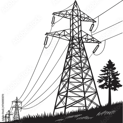 Silhouette of high voltage power lines, electricity pylons, transmission towers, and utility poles with transformers and cables, isolated on white background for energy concept design