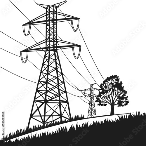 Vector icon depicting electric power transmission towers against a plain background, symbolizing energy infrastructure and connectivity