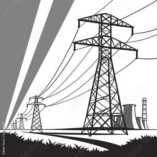 Steel lattice transmission towers, power line pylons, electrical infrastructure, interconnected towers, high voltage transmission, black and white drawing, electrical grid lines