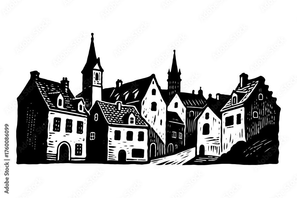 Obraz premium Hand-drawn black and white illustration of a medieval town with church spires and houses, in woodcut style on white background, depicting old architecture