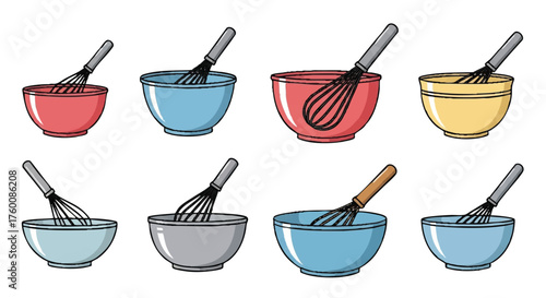 set of mixing bowl with whisk outline icons vector full color
