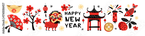 Chinese Lunar New Year Zodiac Greeting Banner, Festive Symbols Vector Illustration