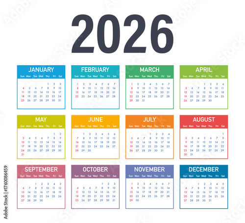 Calendar 2026 showing all twelve months colorful design