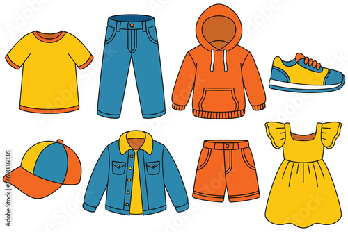 Kids Clothing Vector Set – Bright Children’s Apparel Icons with Hoodie, Dress, Jeans, and Shoes for Design Projects
