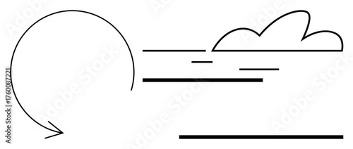 Circular arrow connecting flow with dynamic lines near cloud invoking movement, process, and progress. Ideal for concepts thumbs up motion, recycling, circulation, growth, strategy, efficiency or