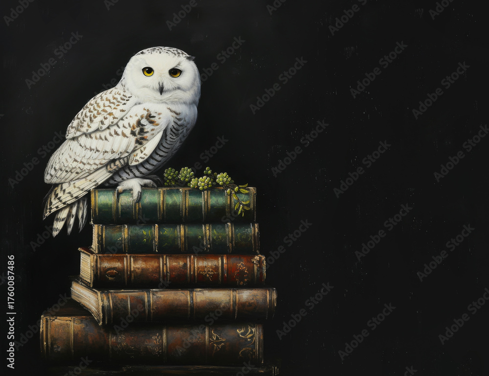 Fototapeta premium White Owl Sitting on Old Books Background with Copy Space
