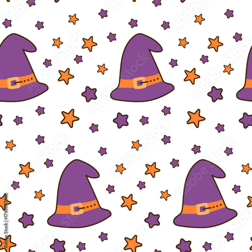Seamless pattern with purple witch hat. Halloween seamless pattern.
