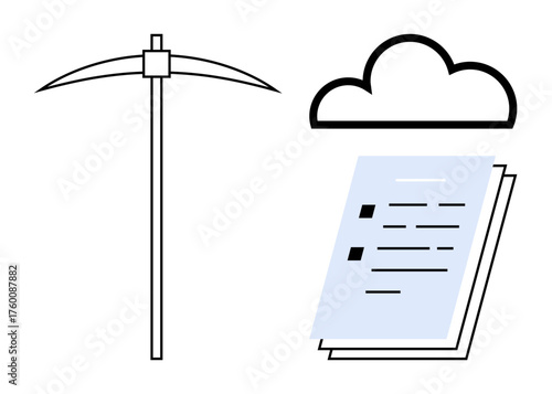 Pickaxe alongside stacked document pages under a cloud shape, symbolizing data mining, cloud storage, digital analysis, virtual documentation, information processing, and simplified concepts in