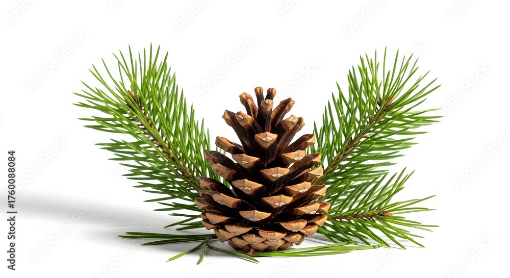 Fototapeta premium Pine cone and green pine needles isolated on white background for winter holidays