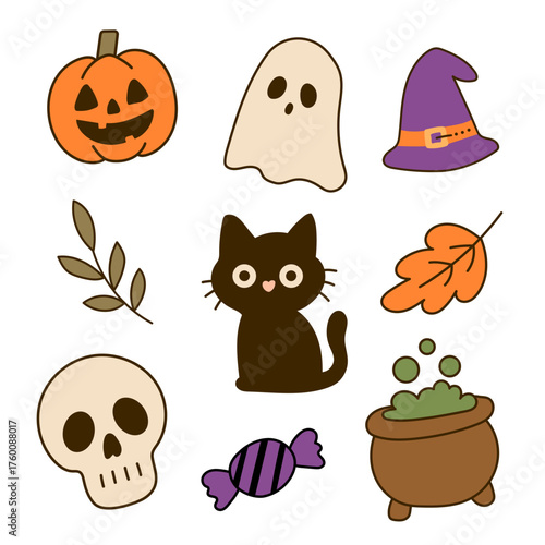 Set of halloween elements with ghost, cat, skull, poison, with hat and pumpkin