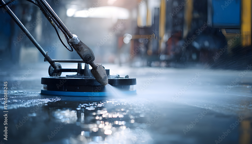 Fototapeta premium Medium shot of a pressure washer cleaning a factory floor with powerful water jets the equipment sharply focused against a blurred industrial background.