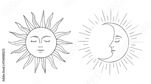 Hand-Drawn Celestial Sun & Moon Line Art — Boho Sun Face & Crescent Moon SVG / EPS Clipart