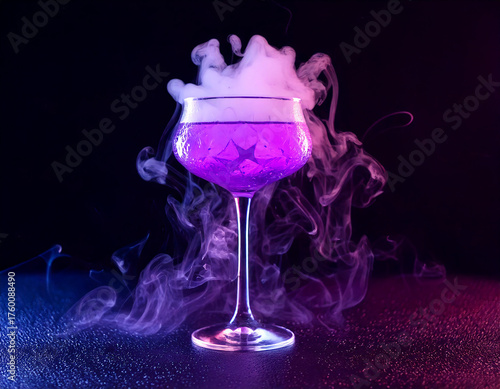 AI generated purple cocktail with smoke in neon light, fantasy drink in elegant glass