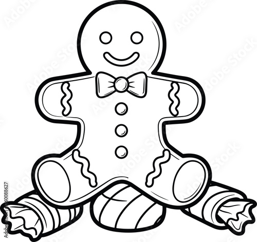 A cheerful gingerbread man sitting on a striped candy cane with a festive bow tie